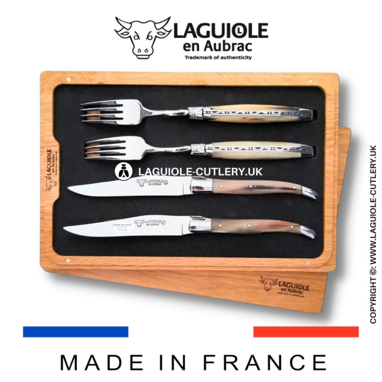 set of 2 laguiole steak knives and 2 forks zebu horn tip