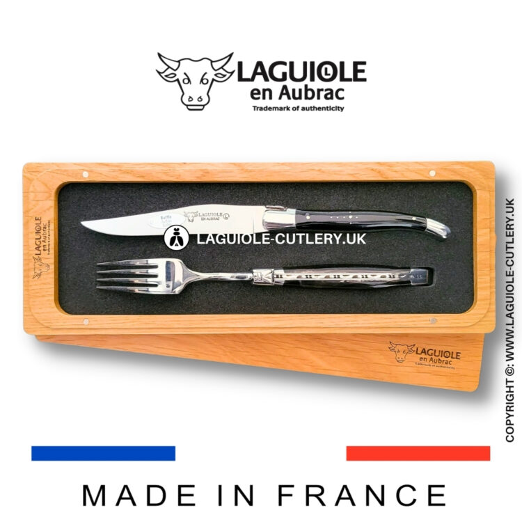 set of 1 laguiole steak knife and 1 fork buffalo horn