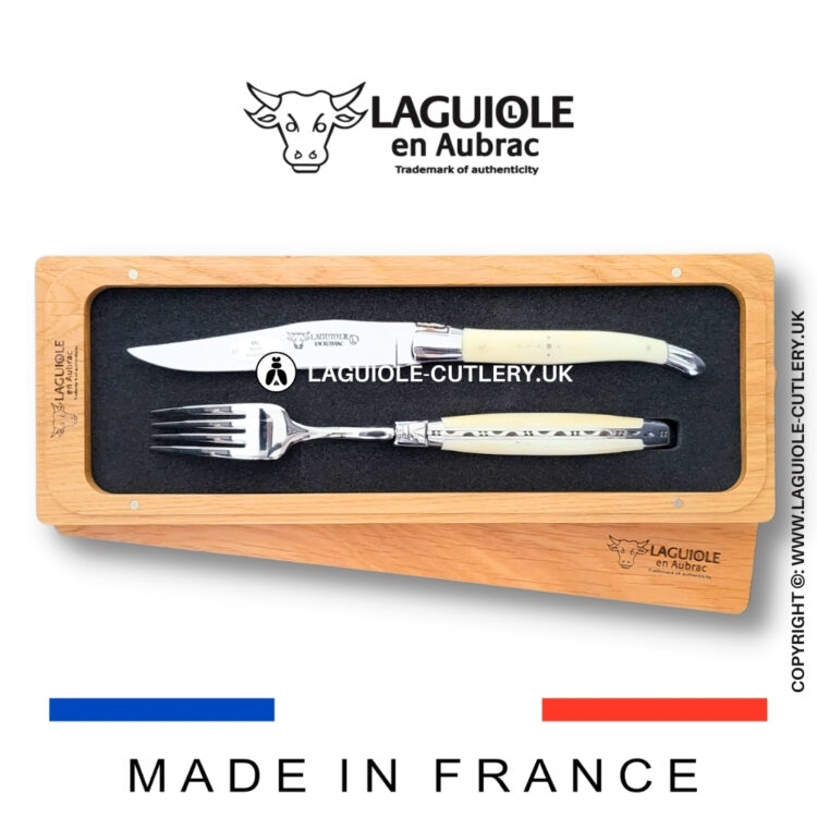 set of 1 laguiole steak knife and 1 fork cow bone