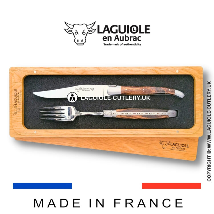 set of 1 laguiole steak knife and 1 fork grapevine wood