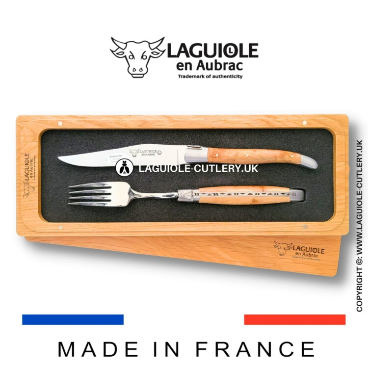 set of 1 laguiole steak knife and 1 fork juniper wood