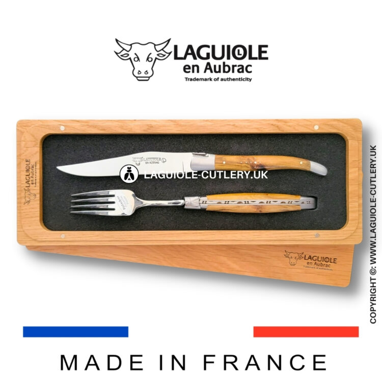 set of 1 laguiole steak knife and 1 fork pistachio wood