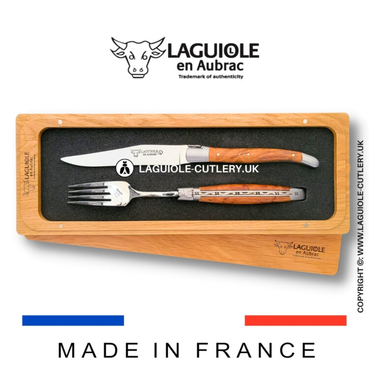 set of 1 laguiole steak knife and 1 fork thuya wood