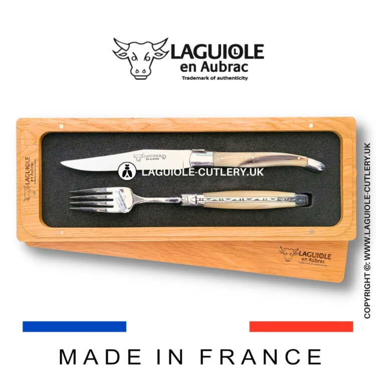 set of 1 laguiole steak knife and 1 fork zebu horn tip