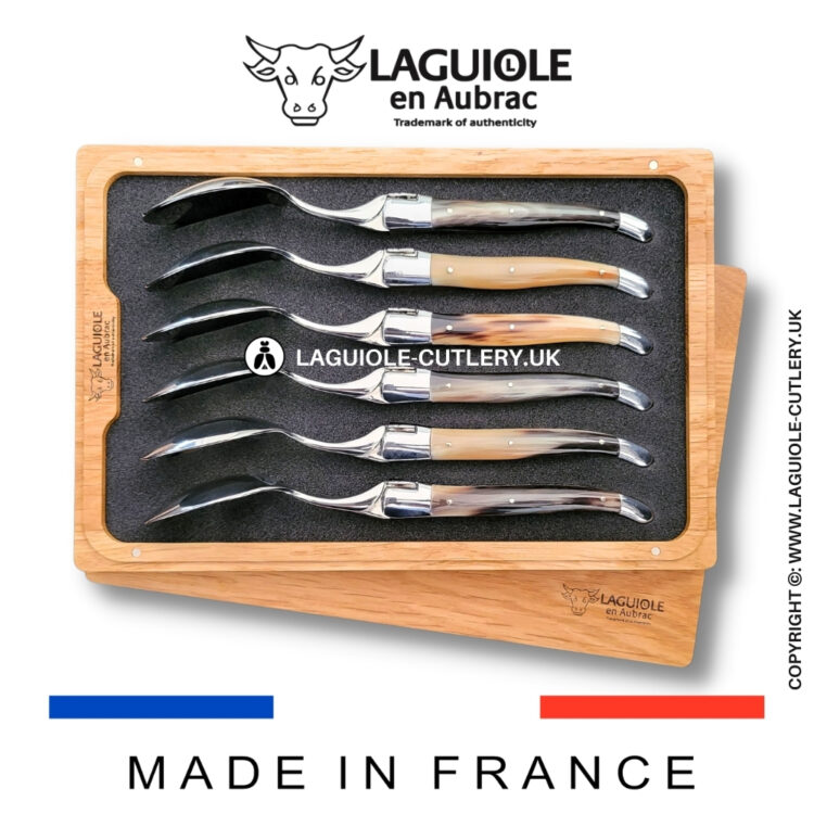 set of 6 laguiole soup spoons zebu horn tip