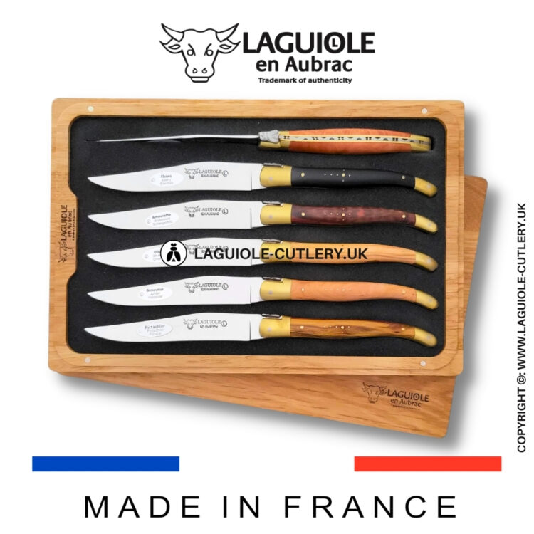set of 6 laguiole steak knives mixed wood brass bolsters