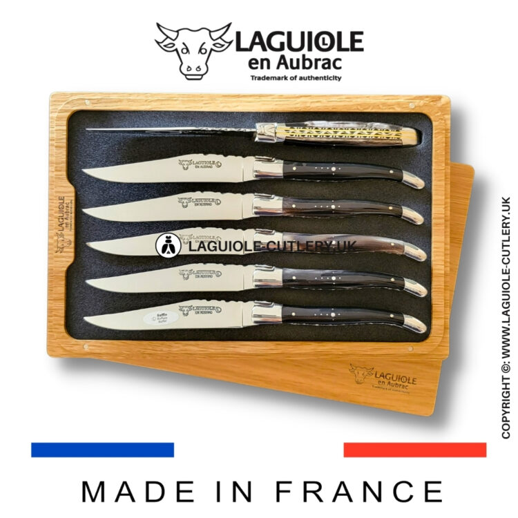 set of 6 laguiole steak knives buffalo horn double plates chiseled