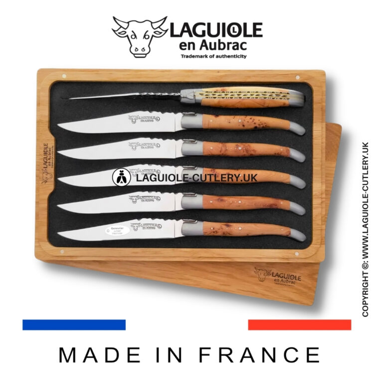 set of 6 laguiole steak knives juniper wood double plates chiseled