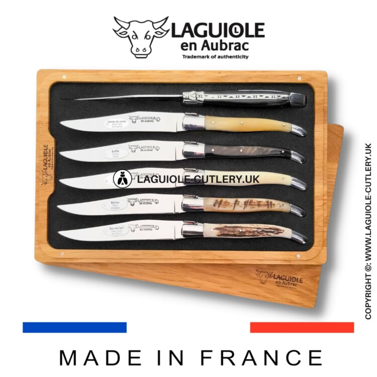 set of 6 laguiole steak knives mixed horn