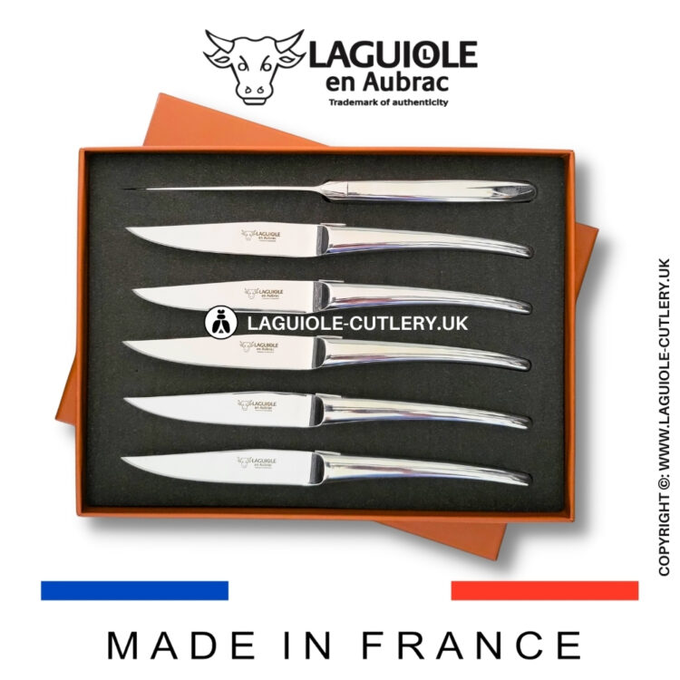 set of 6 laguiole steak knives monobloc stainless steel shiny