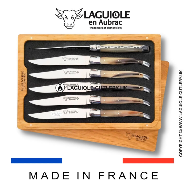 set of 6 laguiole steak knives zebu horn tip