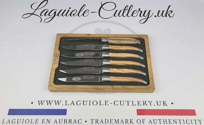 set of 6 laguiole steak knives olive wood double plates chiseled