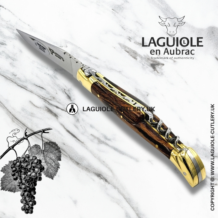 laguiole en aubrac knife with corkscrew grapevine wood brass bolsters