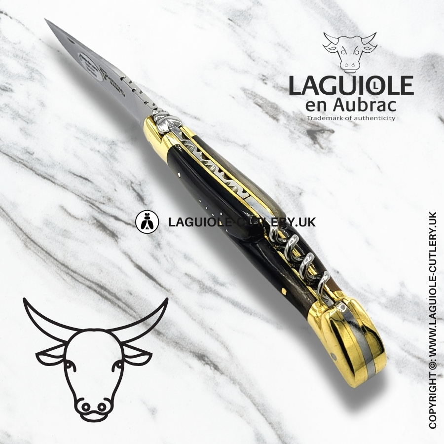 laguiole en aubrac knife with corkscrew horn tip brass bolsters