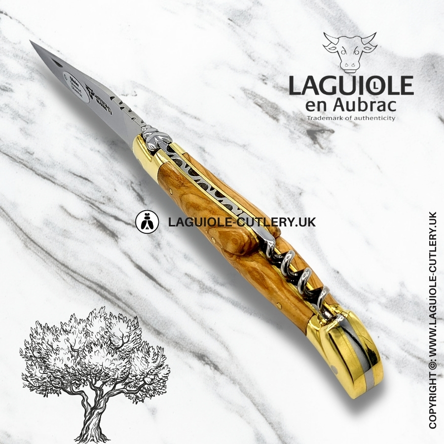 laguiole en aubrac knife with corkscrew olivewood brass bolsters