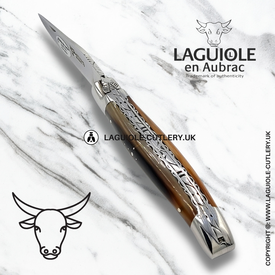 laguiole en aubrac horn pocket knife with hand-filed double plates