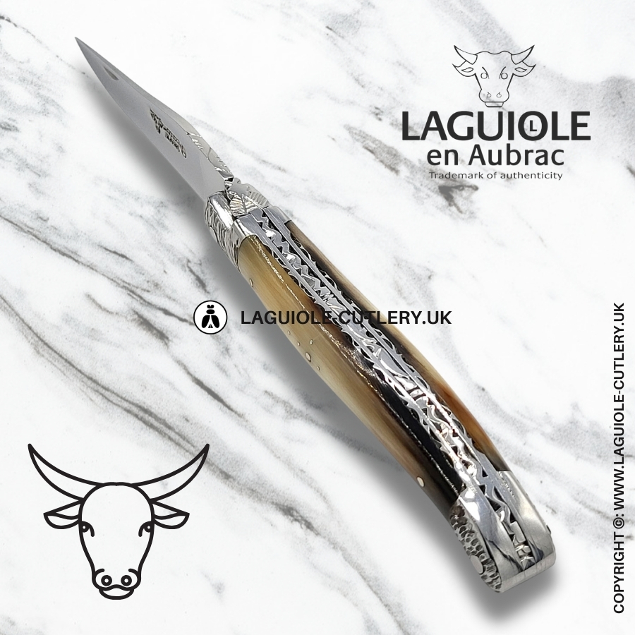 laguiole en aubrac horn tip pocket knife with hand-filed double plates hammered bolsters