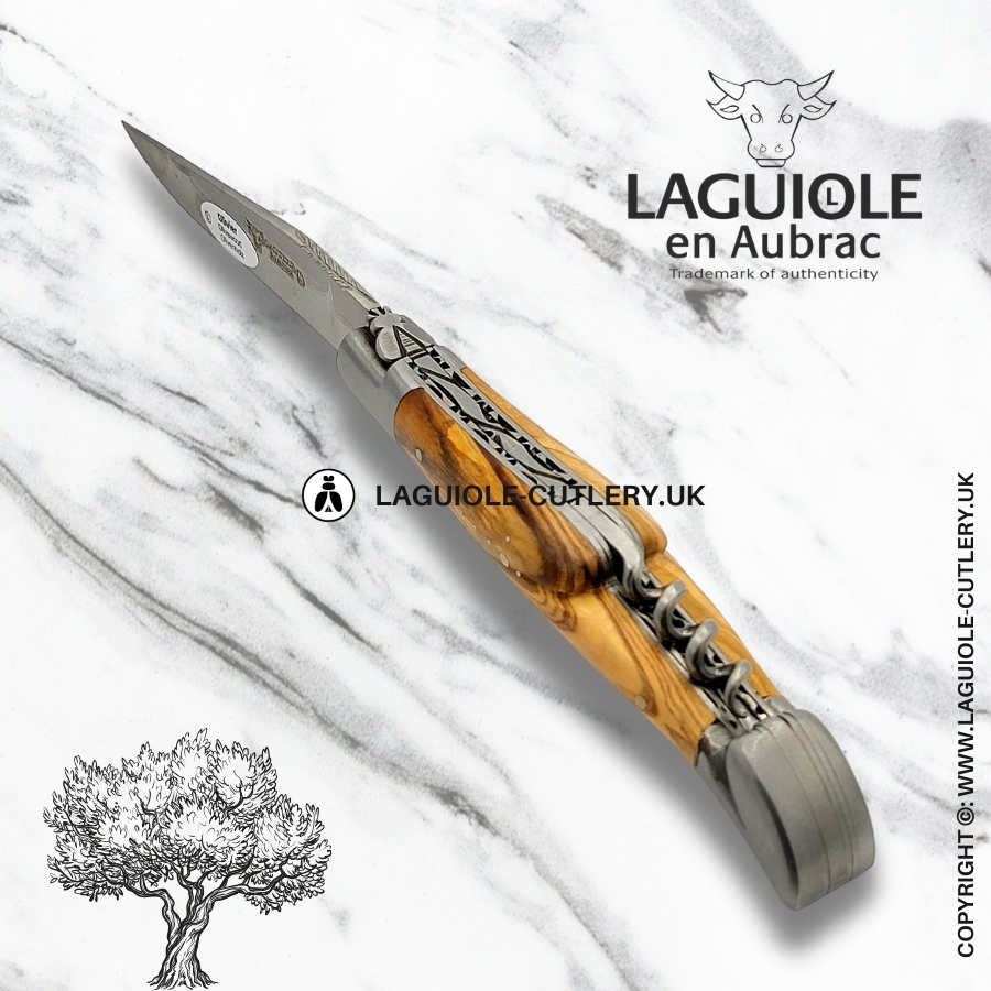 laguiole en aubrac knife double plates with corkscrew olivewood
