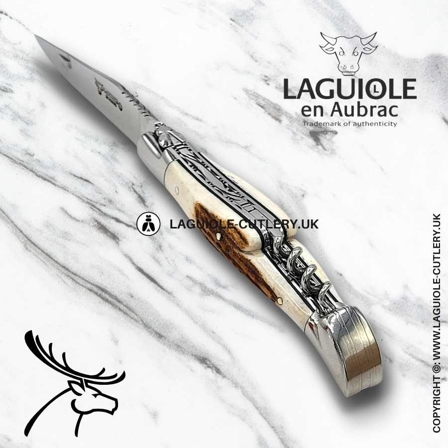 Laguiole Knife Double Plates with Corkscrew Stag Horn Laguiole Knife Double Plates with Corkscrew Stag Horn