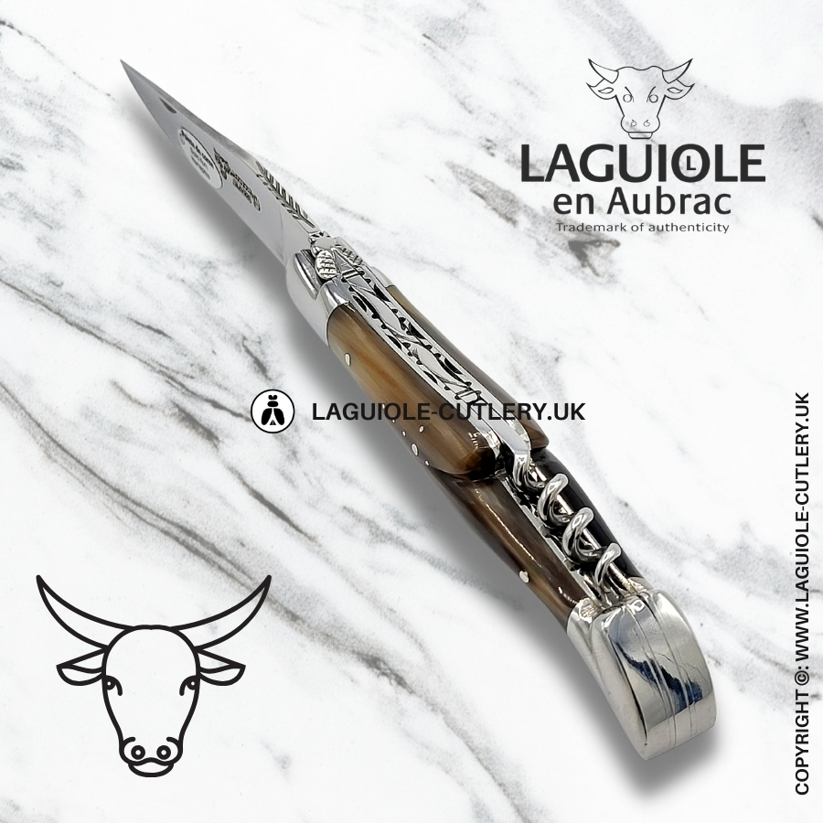 laguiole en aubrac knife double plates with corkscrew zebu horn tip