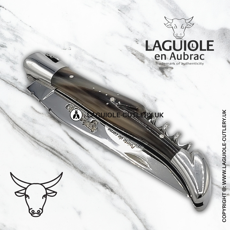 laguiole en aubrac knife with corkscrew zebu horn tip