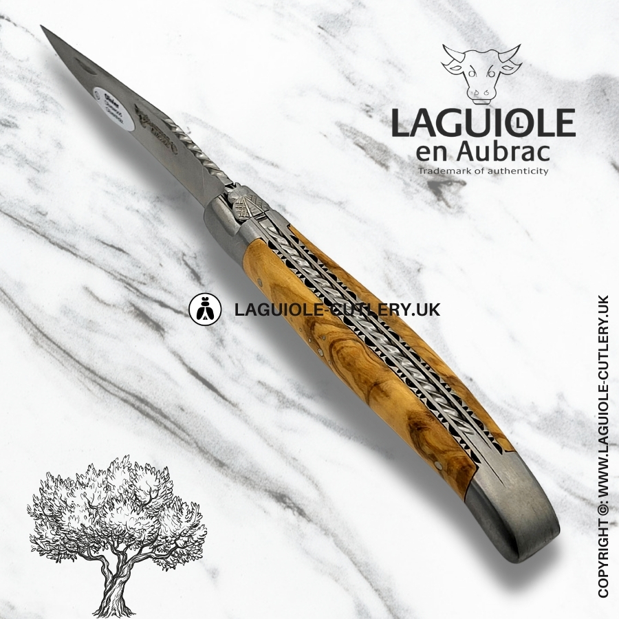 laguiole en aubrac olive pocket knife with hand-filed double plates and spiral spring