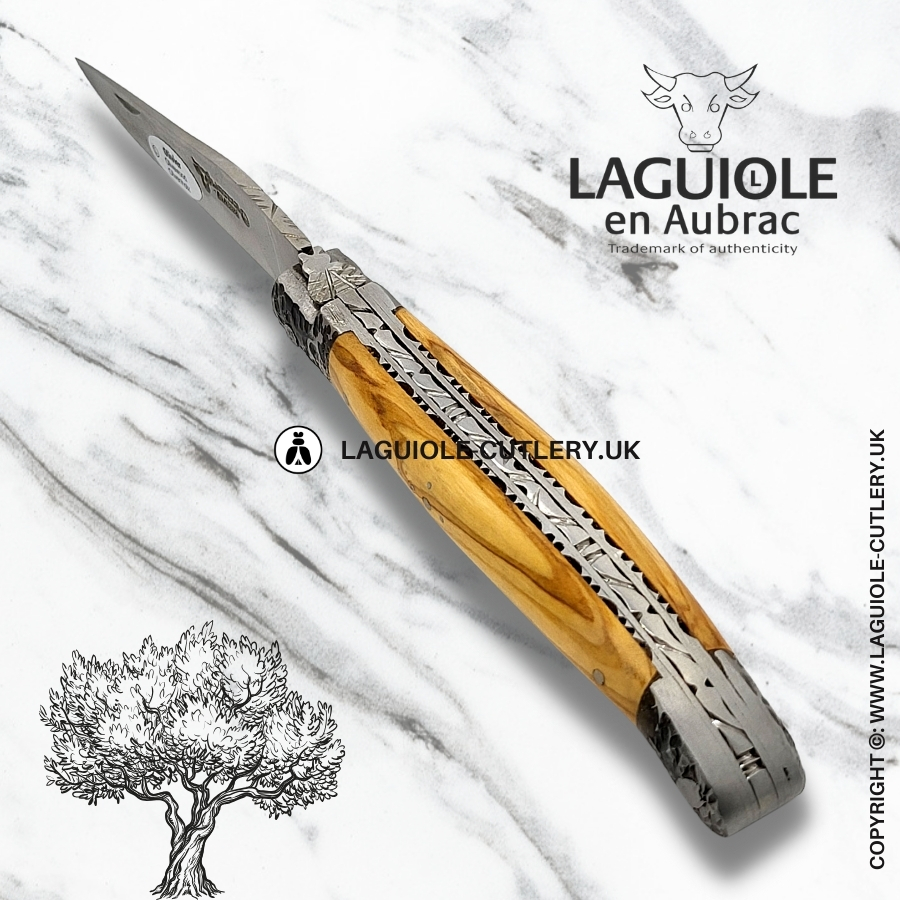 laguiole en aubrac olivewood pocket knife with hand-filed double plates hammered bolsters