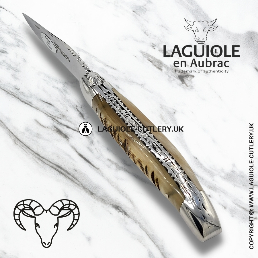 laguiole en aubrac ram horn pocket knife with hand-filed double plates