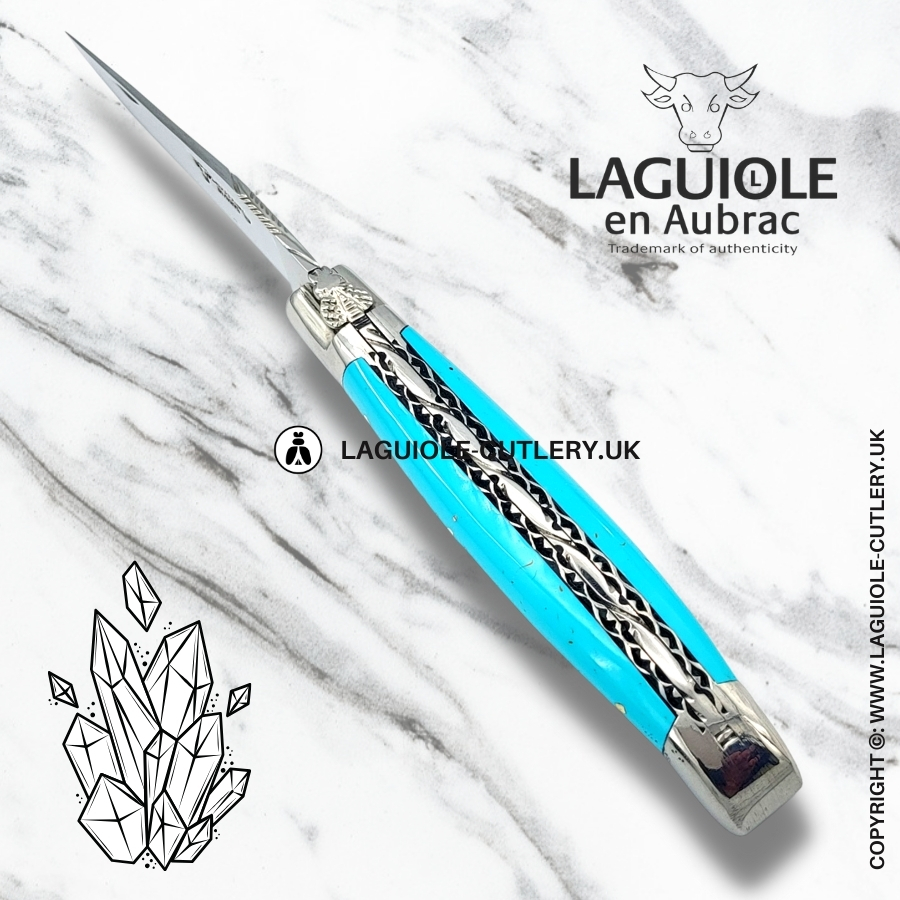 laguiole en aubrac turquoise stone pocket knife with hand-filed double plates