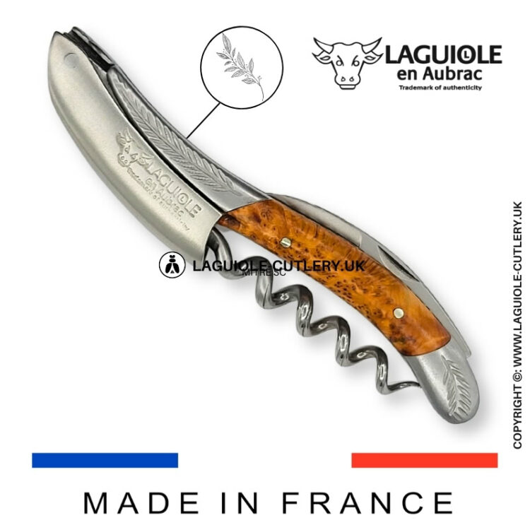 laguiole sommelier corkscrew chiseled bolsters juniper wood