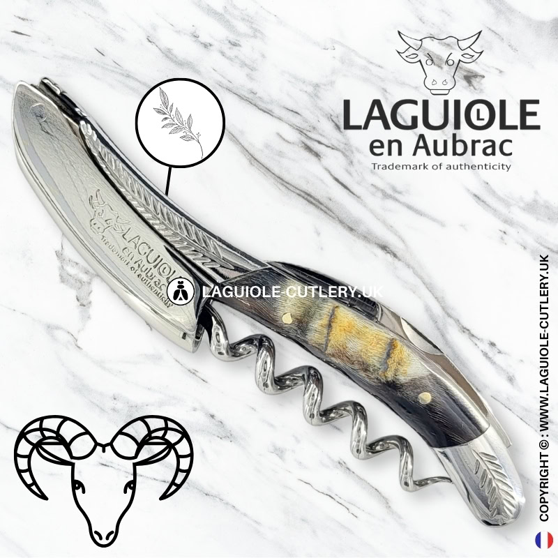 laguiole sommelier corkscrew chiseled bolsters ram horn