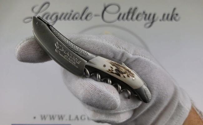 Laguiole sommelier corkscrew with chiselled bolsters and a stag antler handle