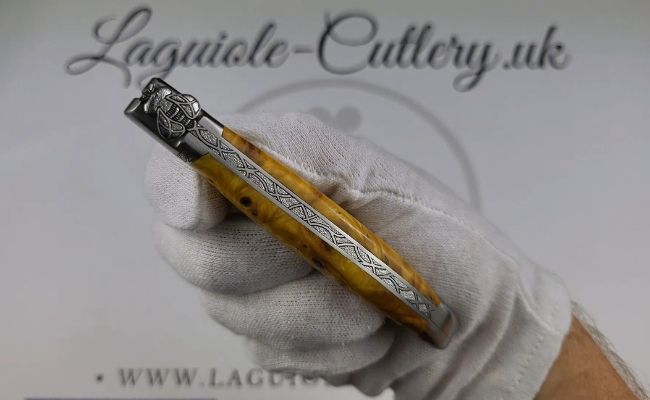 laguiole pocket knife in yellow chestnut burl with sculpted bee and engraved bolsters and spring