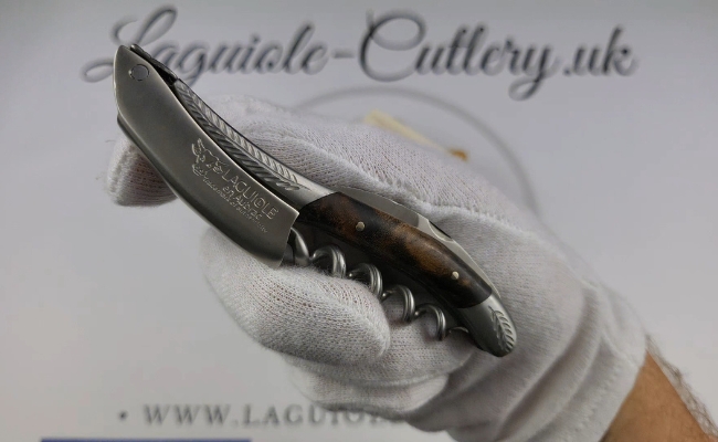 laguiole sommelier corkscrew chiseled bolsters grapevine wood