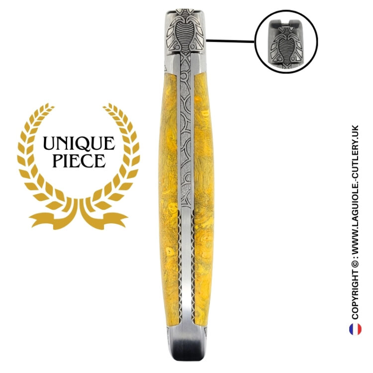 heart of the forest: laguiole pocket knife in cheesewood hand engraved bee and bolsters