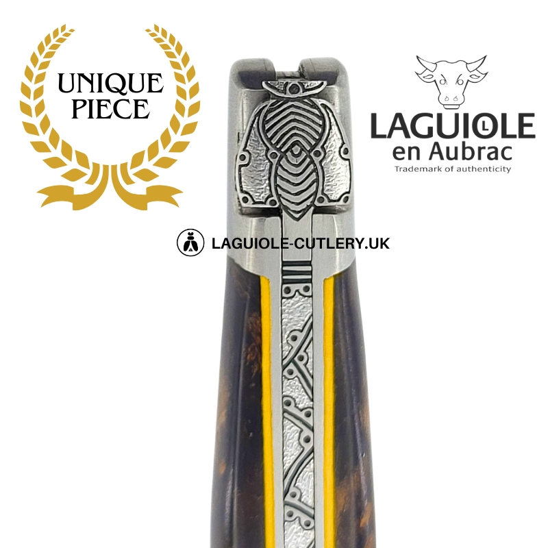 electric glow: laguiole pocket knife in laurel burl hand engraved bee and bolsters