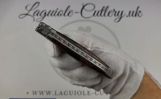 the botanical soul: laguiole pocket knife in ironwood hand engraved bee and bolsters