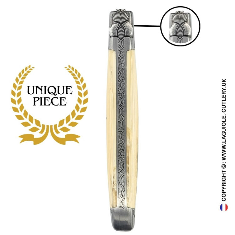 light of the ages: laguiole pocket knife in mammoth ivory – sculpted bee – hammered spring and bolsters