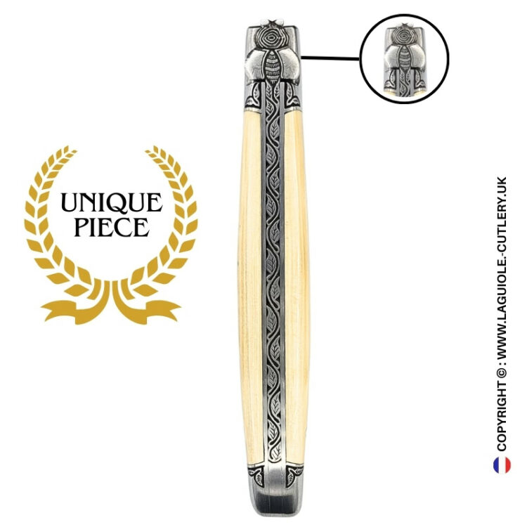 whisper of nature: laguiole pocket knife in mammoth ivory – sculpted bee and plant motifs