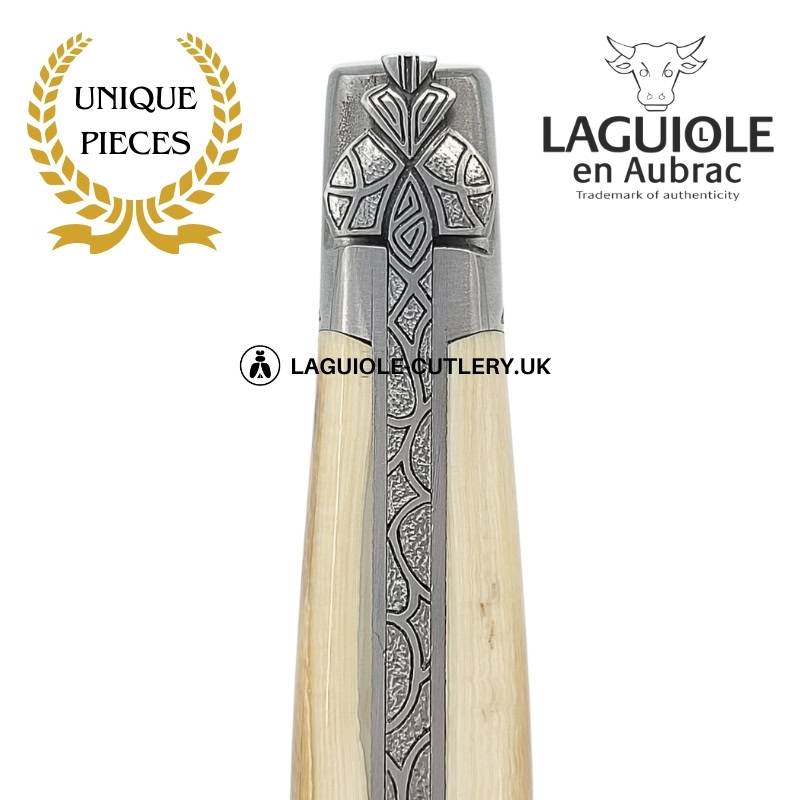 fossil glow: laguiole pocket knife in brown and cream mammoth ivory – sculpted bee – engraved bolsters