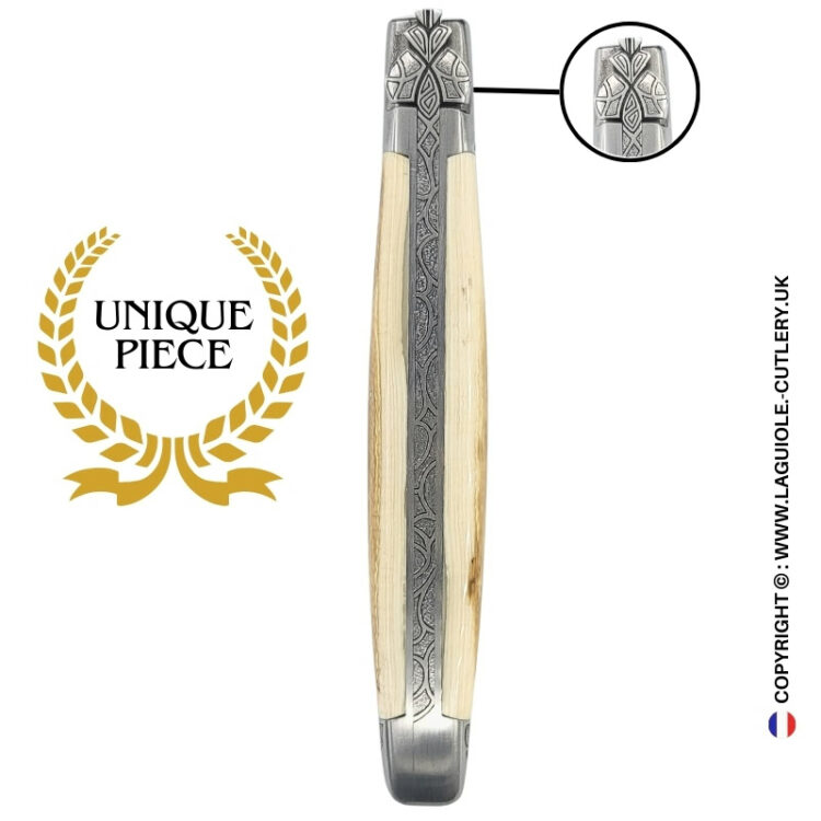 fossil glow: laguiole pocket knife in brown and cream mammoth ivory – sculpted bee – engraved bolsters