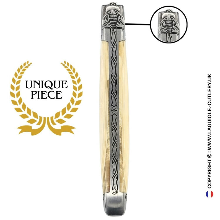 ivory flowers: laguiole pocket knife in fossil mammoth ivory – sculpted bee – engraved bolsters