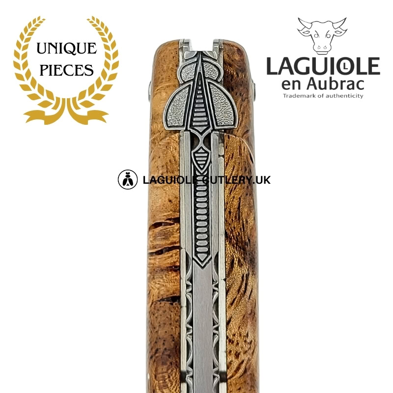 woodland reflection: laguiole pocket knife in full albizia wood handle – sculpted bee and engraved liners