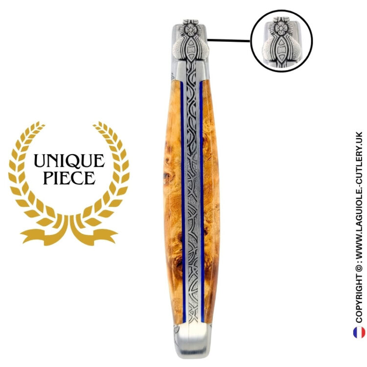 botanical elegance: laguiole knife in stabilized poplar burl – sculpted bee – engraved bolsters and spring
