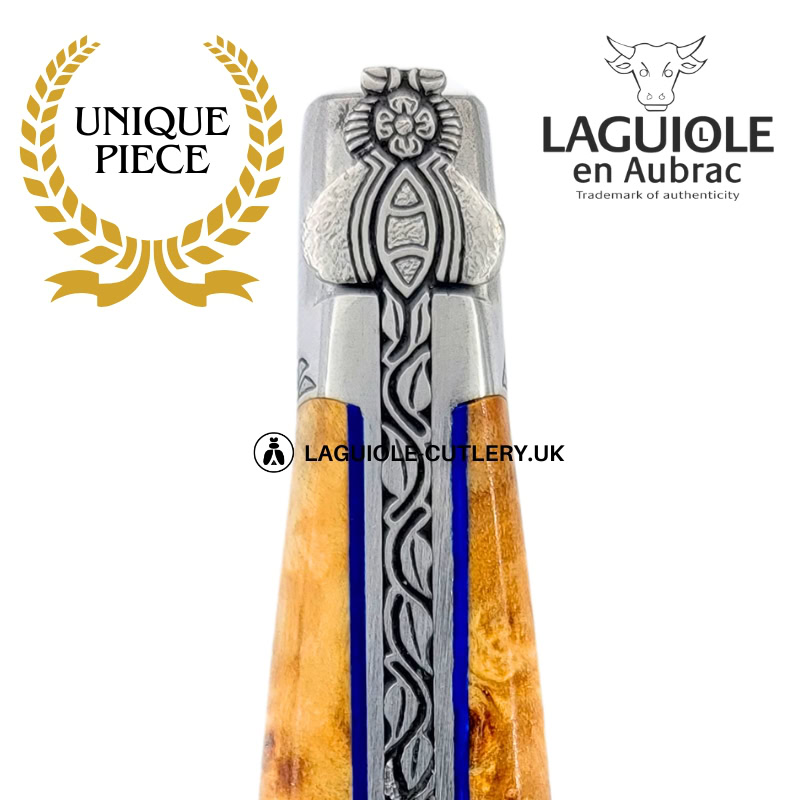 botanical elegance: laguiole knife in stabilized poplar burl – sculpted bee – engraved bolsters and spring