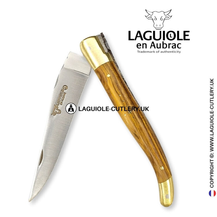brass blossom: laguiole knife in pistachio wood – sculpted bee – brass bolsters and copper plates