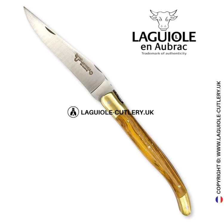 brass blossom: laguiole knife in pistachio wood – sculpted bee – brass bolsters and copper plates