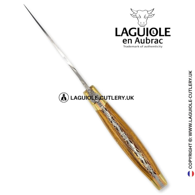 brass blossom: laguiole knife in pistachio wood – sculpted bee – brass bolsters and copper plates