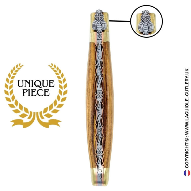 brass blossom: laguiole knife in pistachio wood – sculpted bee – brass bolsters and copper plates
