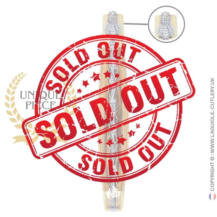 brass blossom: laguiole knife in pistachio wood – sculpted bee – brass bolsters and copper plates